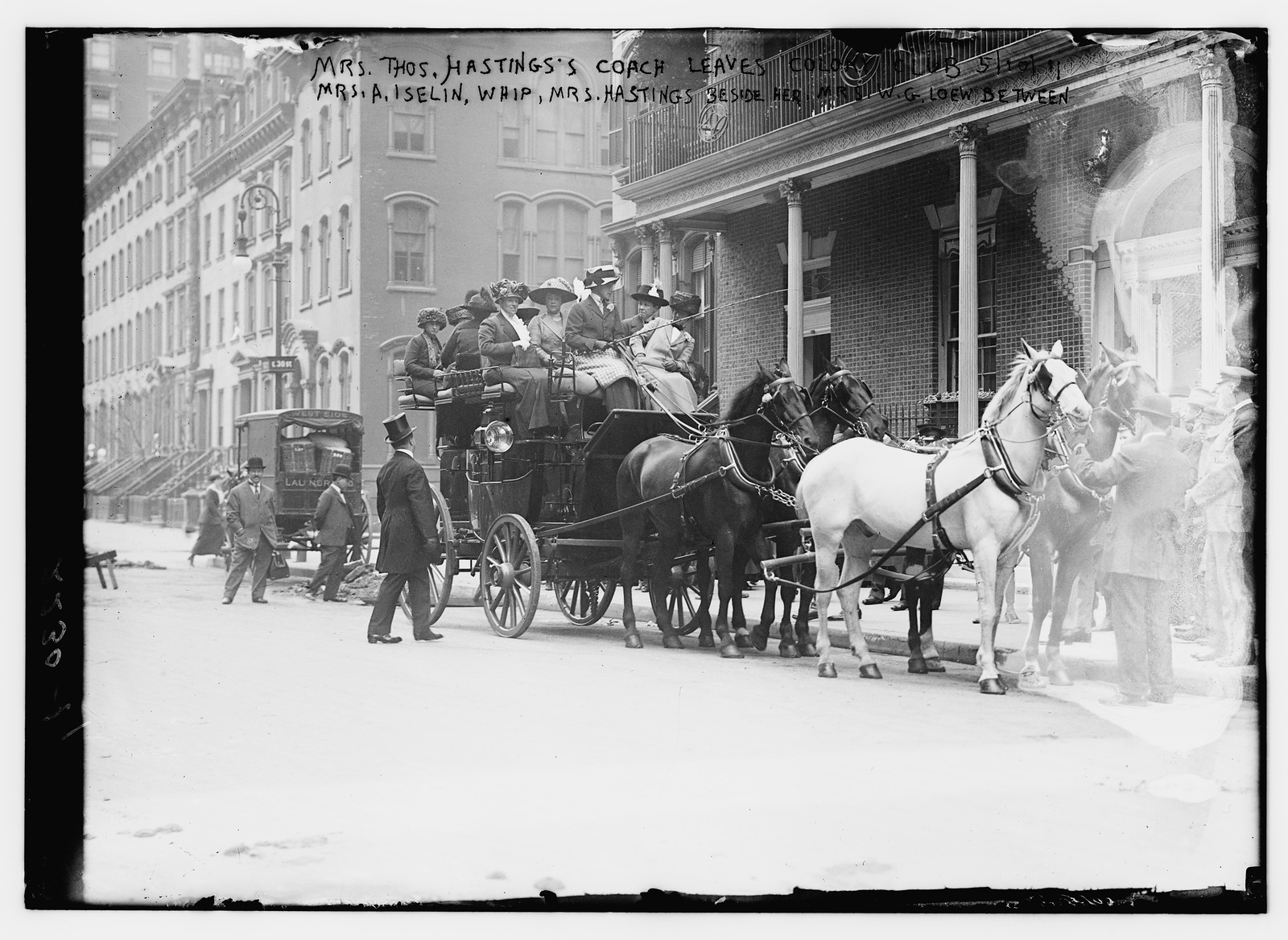 Mrs. Thos. Hasting's Coach leaves Colony Club. 5/10/11. Mrs. A. Iselin, Mrs. Hastings, Mrs. W.G. Loew, 5/10/11. — historic photograph