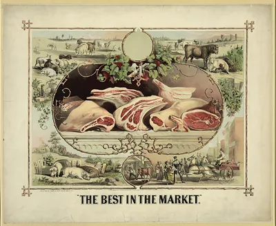 The Best in the Market" meat cuts chromolithograph advertisement