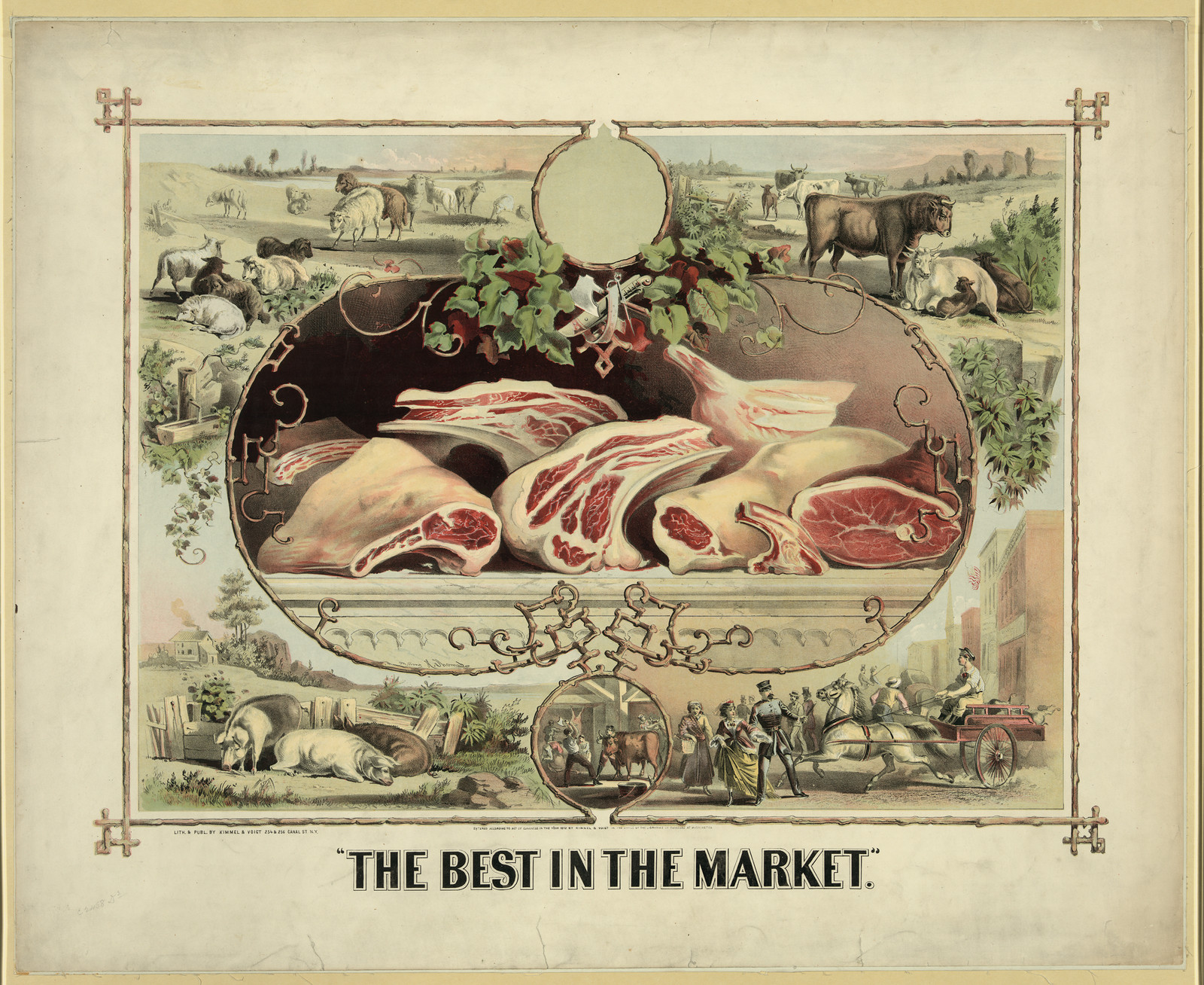 The Best in the Market" meat cuts chromolithograph advertisement — antique lithograph