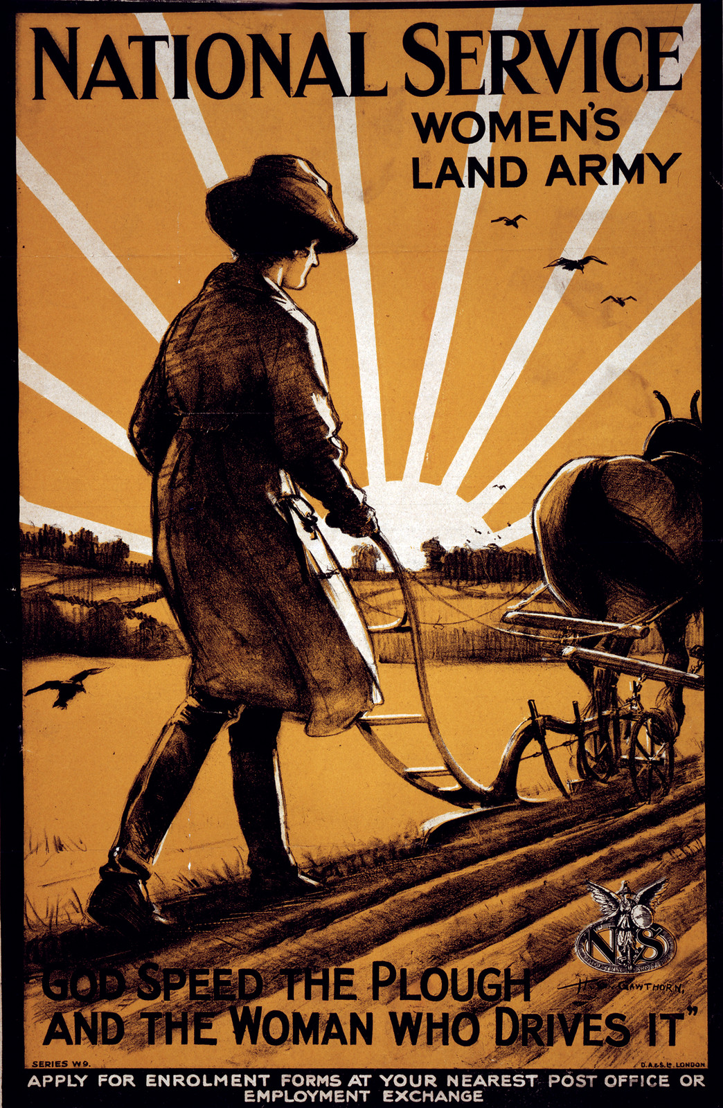 National Service Women's Land Army. God speed the plough and the woman who drives it" / H.G. Gawthorn ; D.A. & S. Ld. London.", [S.l. : s.n., 1917] — vintage poster