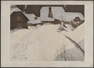 Snowy village with footprints in the snow