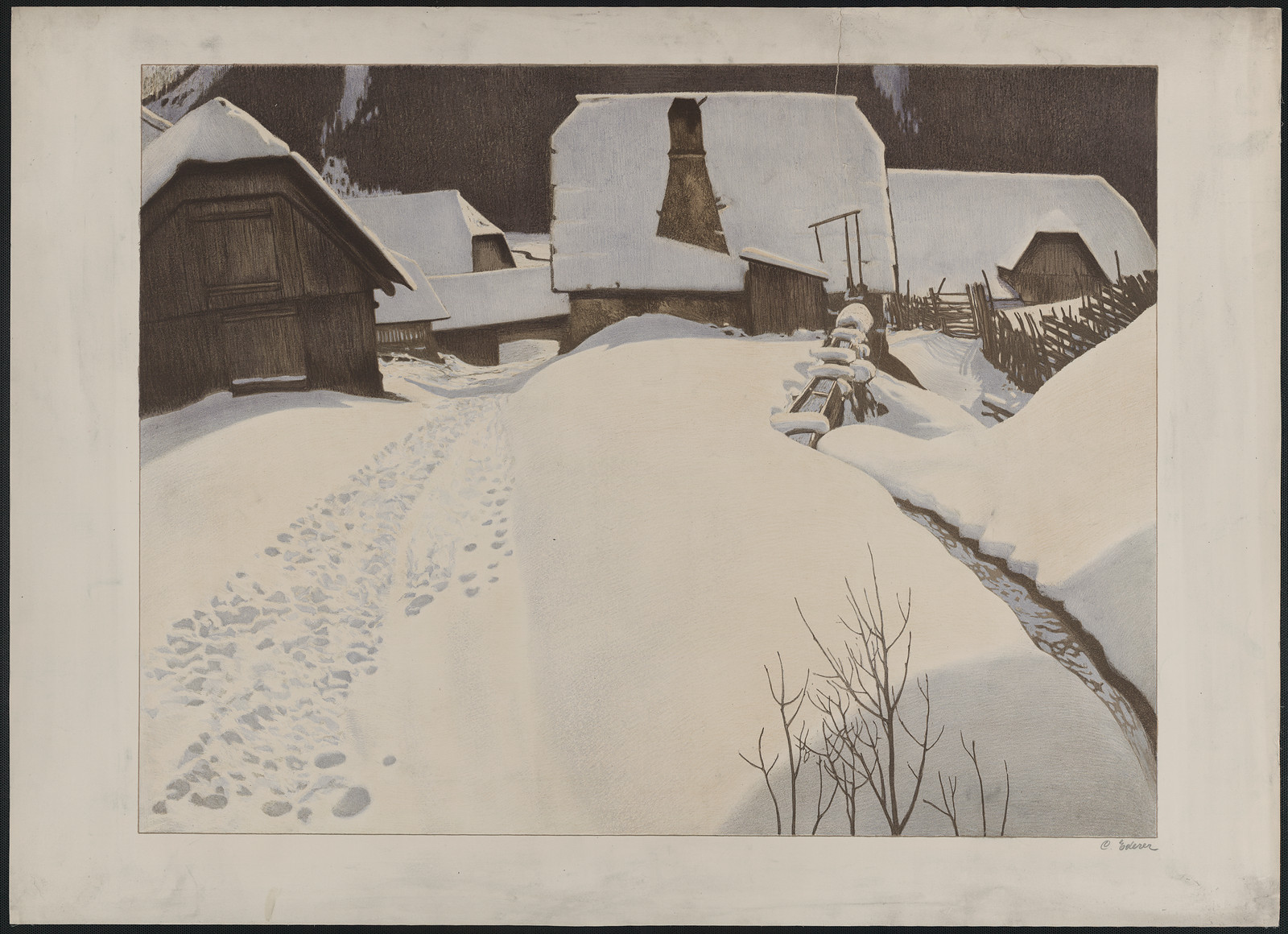 Snowy village with footprints in the snow — historic print