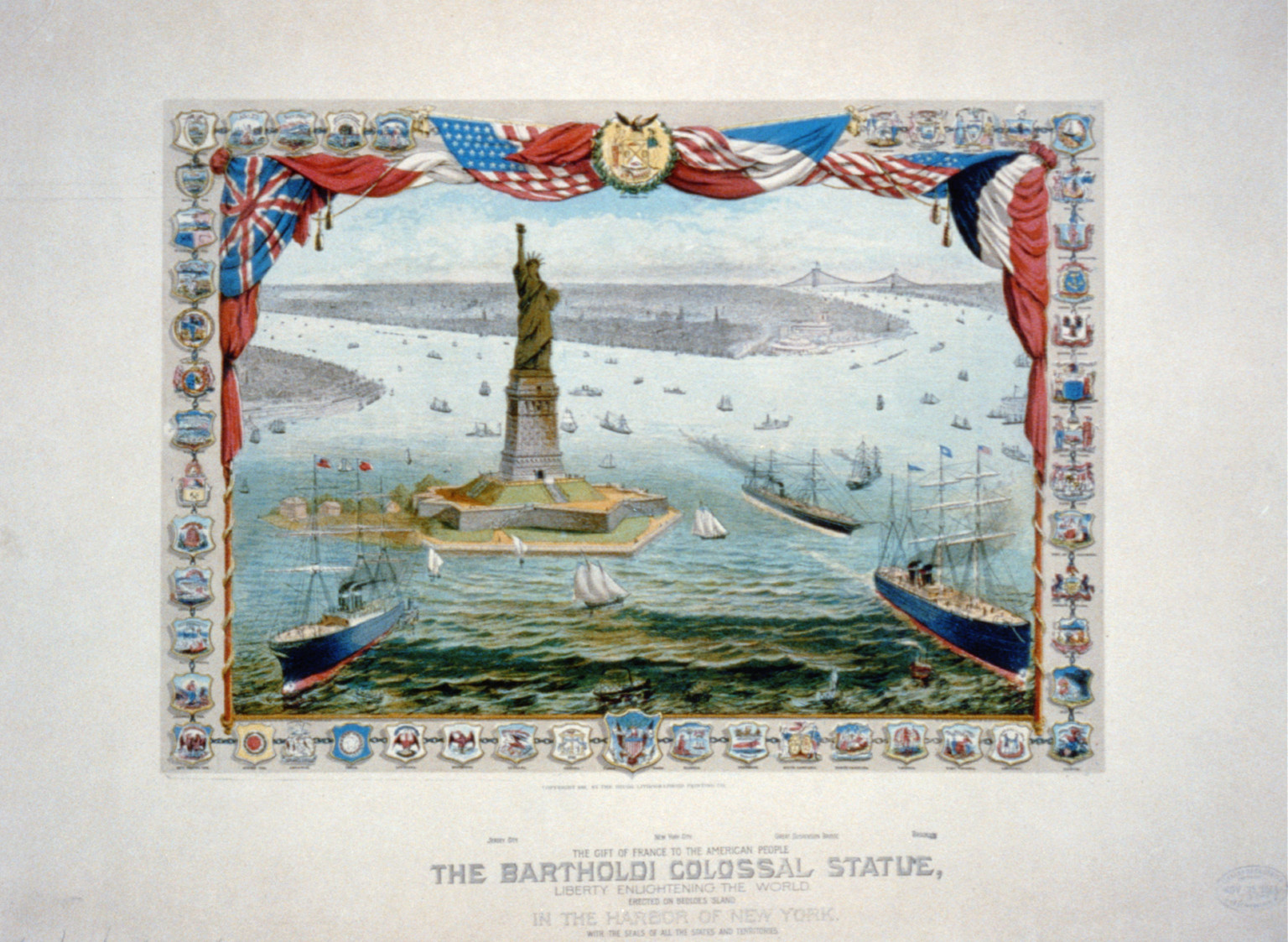 The gift of France to the American people, the Bartholdi colossal statue, Liberty enlightening the world / Shugg Brothers ; R. Schwarz, Des., c1884. — antique lithograph