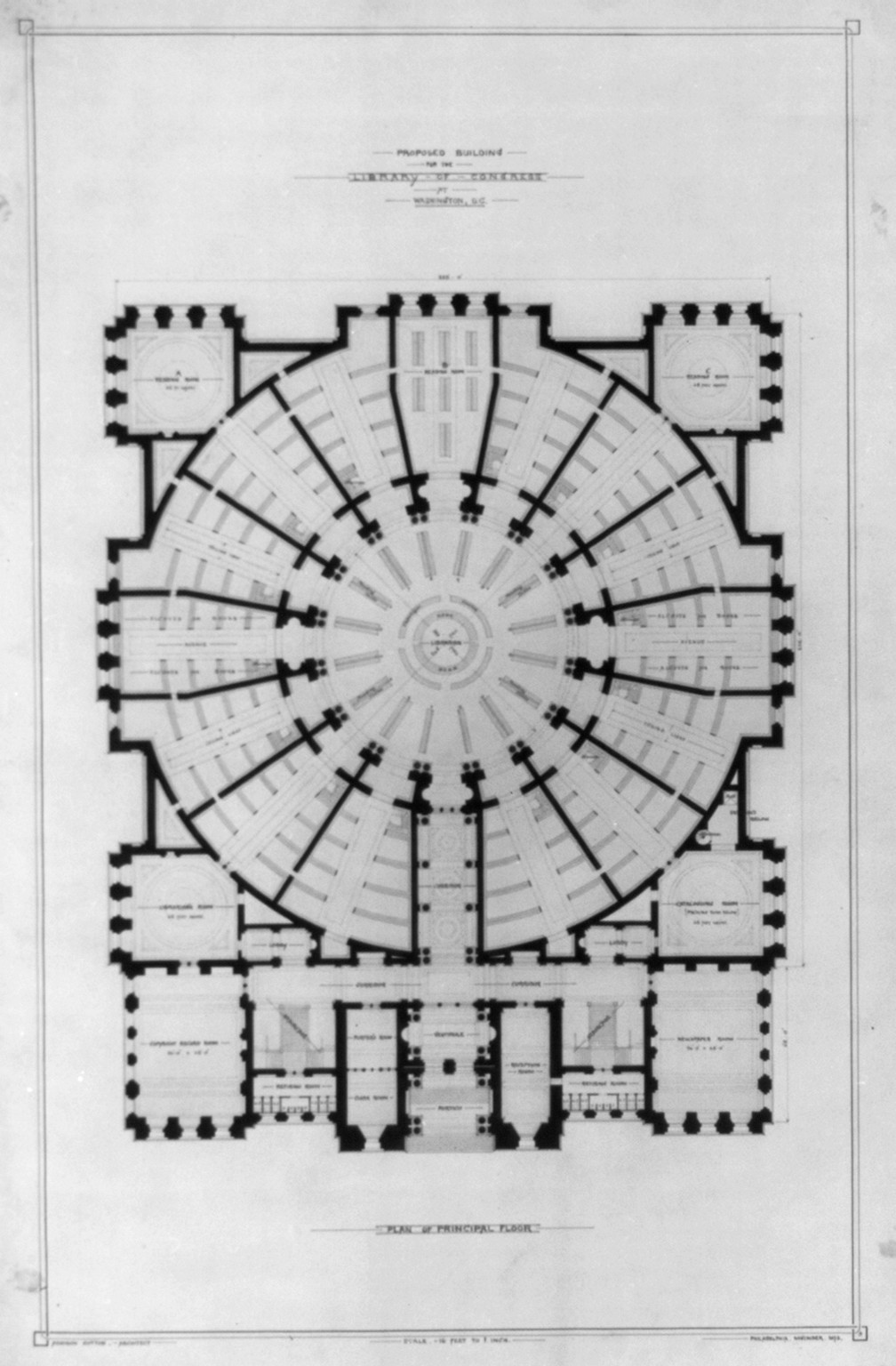[Library of Congress, Washington, D.C. Plan of principal floor], and Engineering (ADE) Drawings" (http://www.loc.gov/rr/print/res/103_ade.html)." — historic drawing