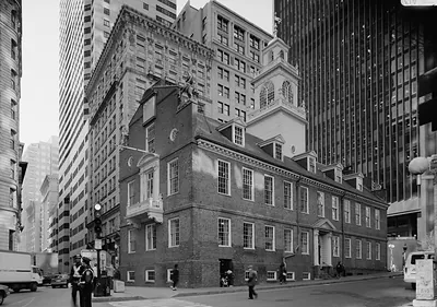 Old State House exterior, brick building with clock tower, street view