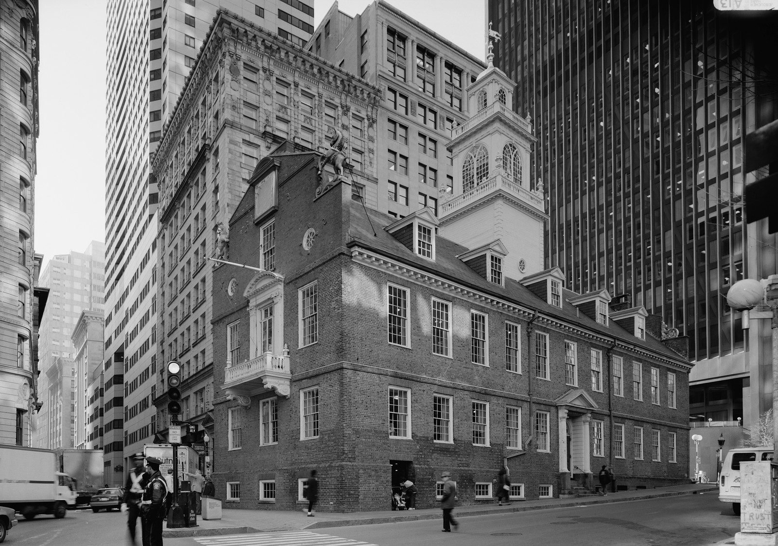 Old State House exterior, brick building with clock tower, street view — historic image