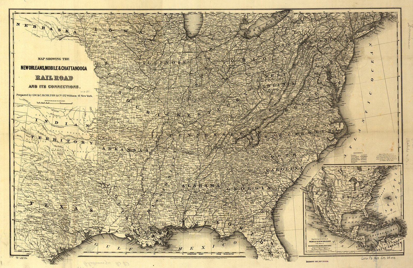 Map showing the New Orleans Mobile Chattanooga Railroad and its connections c 1865 x, Alabama — antique map
