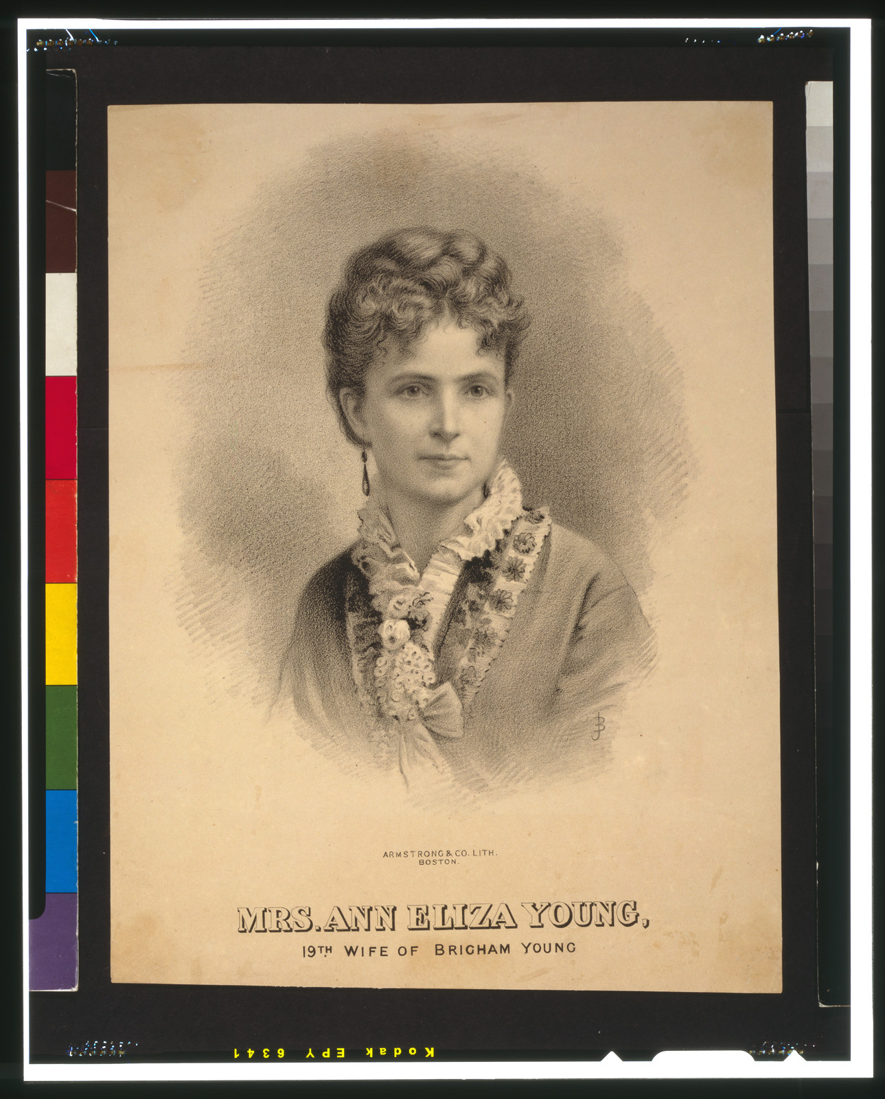 Mrs. Ann Eliza Young, 19th wife of Brigham Young / JB [monogram] ; Armstrong & Co. Lith., Boston., Boston : Armstrong & Co. Lith., [between 1869 and 1875] — antique lithograph