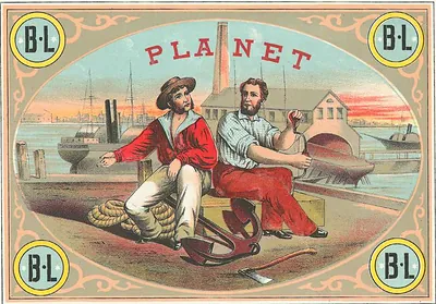 Planet cigar label with two men, anchor and B.L. corners