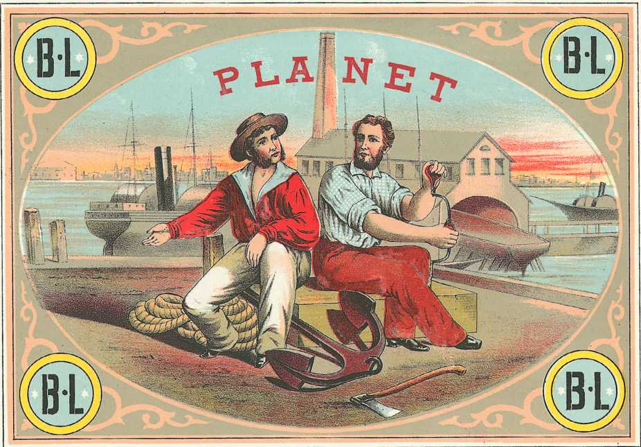 Planet cigar label with two men, anchor and B.L. corners — historic image