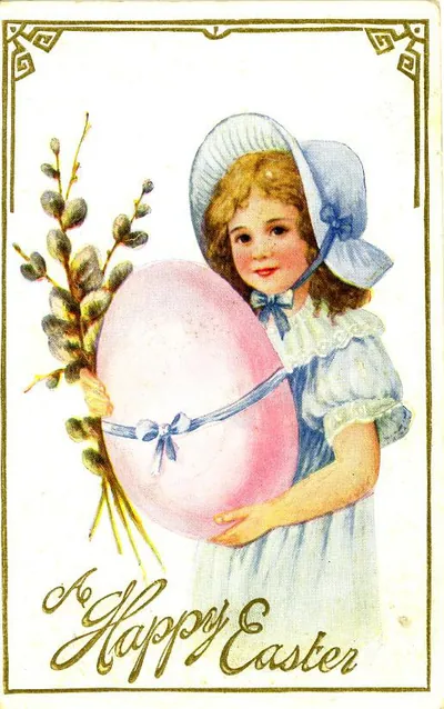 Vintage Easter greeting card, girl holding pink egg
