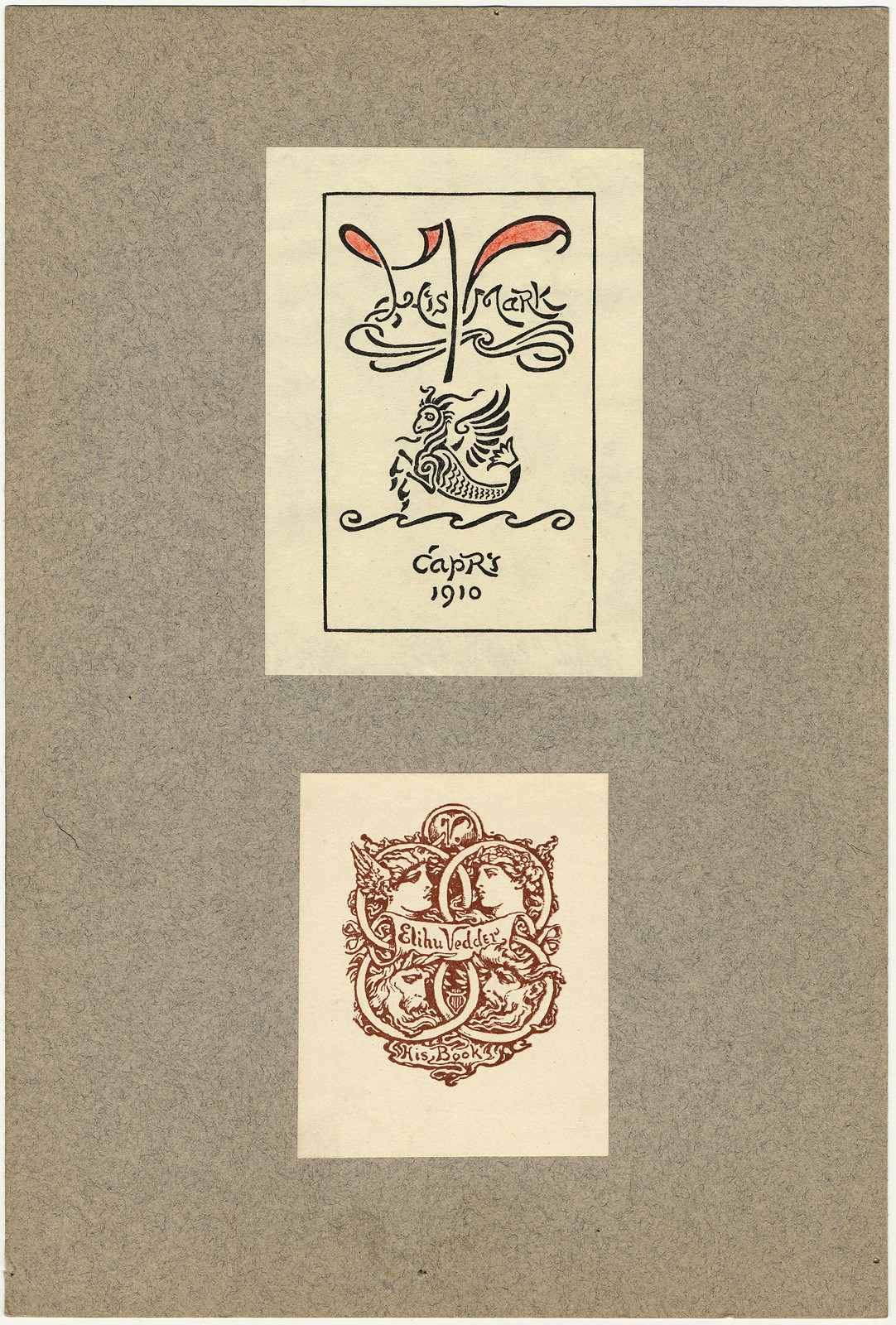 Two bookplates, one inscribed Elihu Vedder His Book — historic image