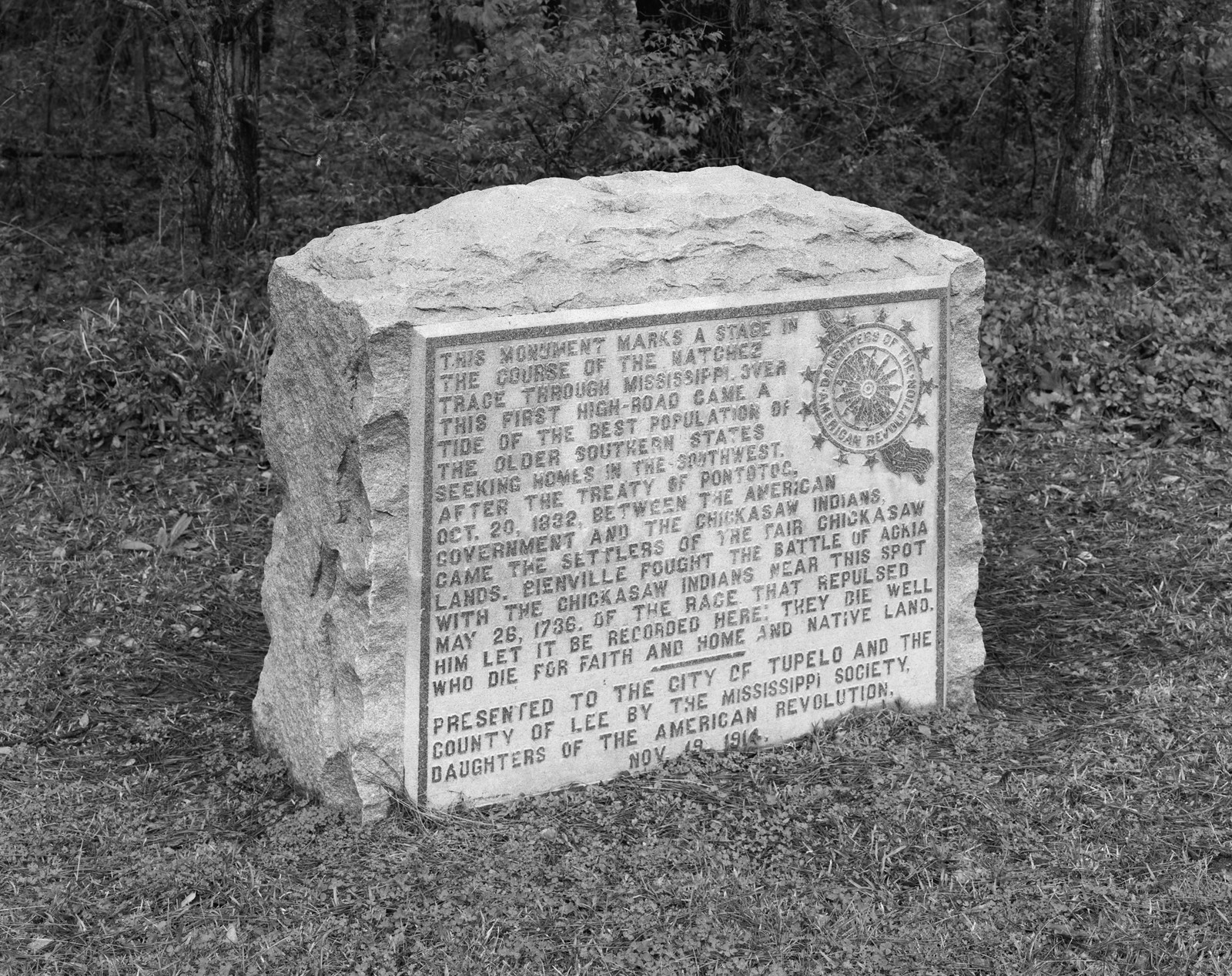 Stone monument marking the Natchez Trace and Chickasaw history — historic image
