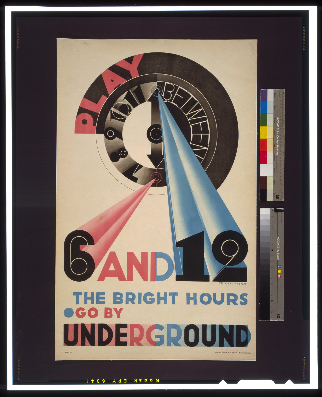 Play between 6 and 12, the bright hours - Go by underground / E. McK. Kauffer., London : Vincent Brooks, Day & Son, Ltd., 1930. — vintage poster