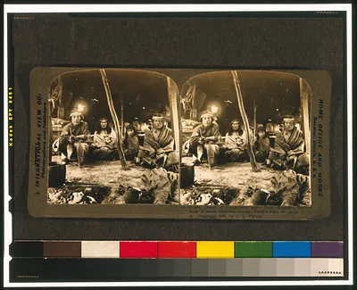 A typical group of Patagonians under their sheepskin tent - a race of South American giants, World's Fair, St. Louis, U.S.A. / International View Co., photographers and publishers, Decatur, Illinois.