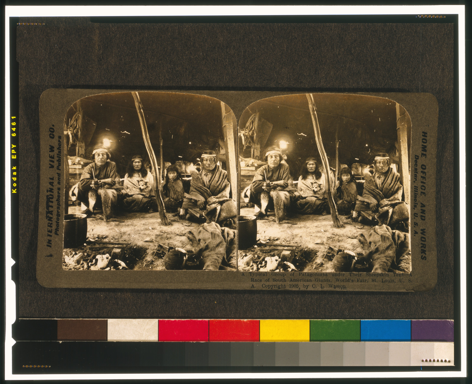 A typical group of Patagonians under their sheepskin tent - a race of South American giants, World's Fair, St. Louis, U.S.A. / International View Co., photographers and publishers, Decatur, Illinois., Decatur, Illinois, U.S.A. : International View Co., c1905. — historic photograph