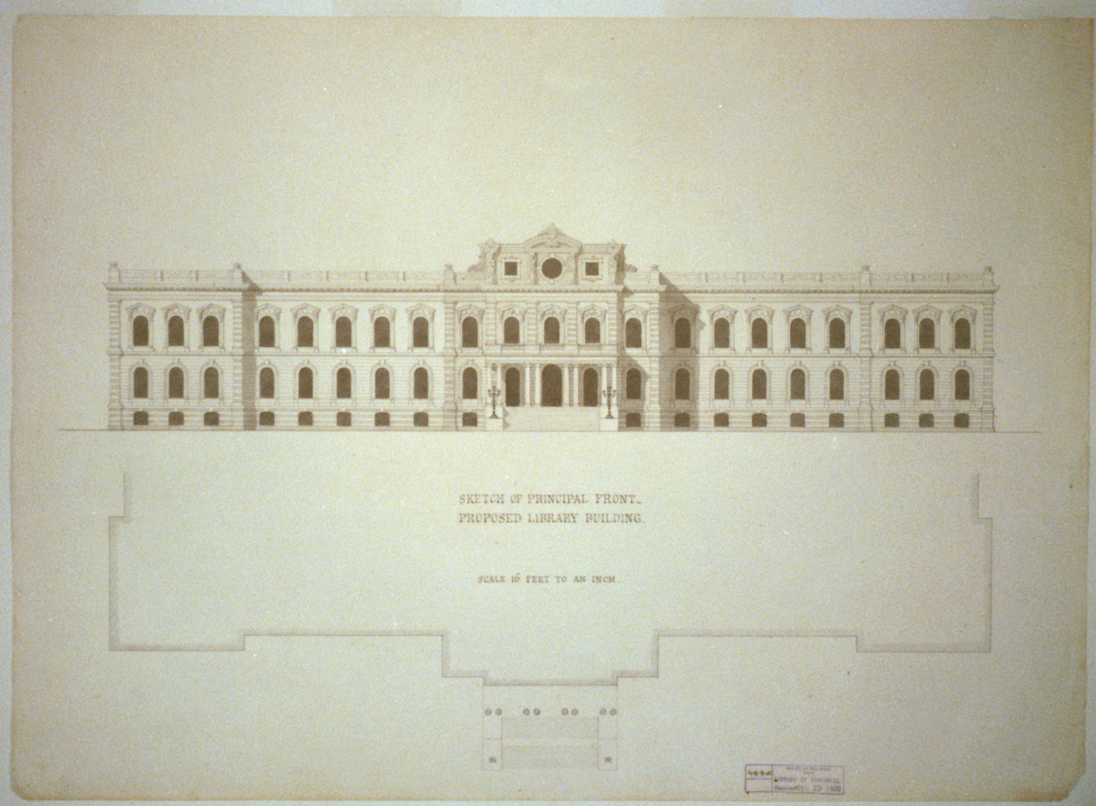 [Library of Congress, Washington, D.C. Sketch of principal front], and Engineering (ADE) Drawings" (http://www.loc.gov/rr/print/res/103_ade.html)." — historic drawing