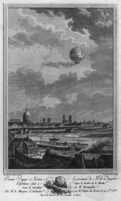 [1st human balloon ascension; balloon with Pilatre de Rozier and Marquis d'Arlandes above Paris. Nov. 1783]