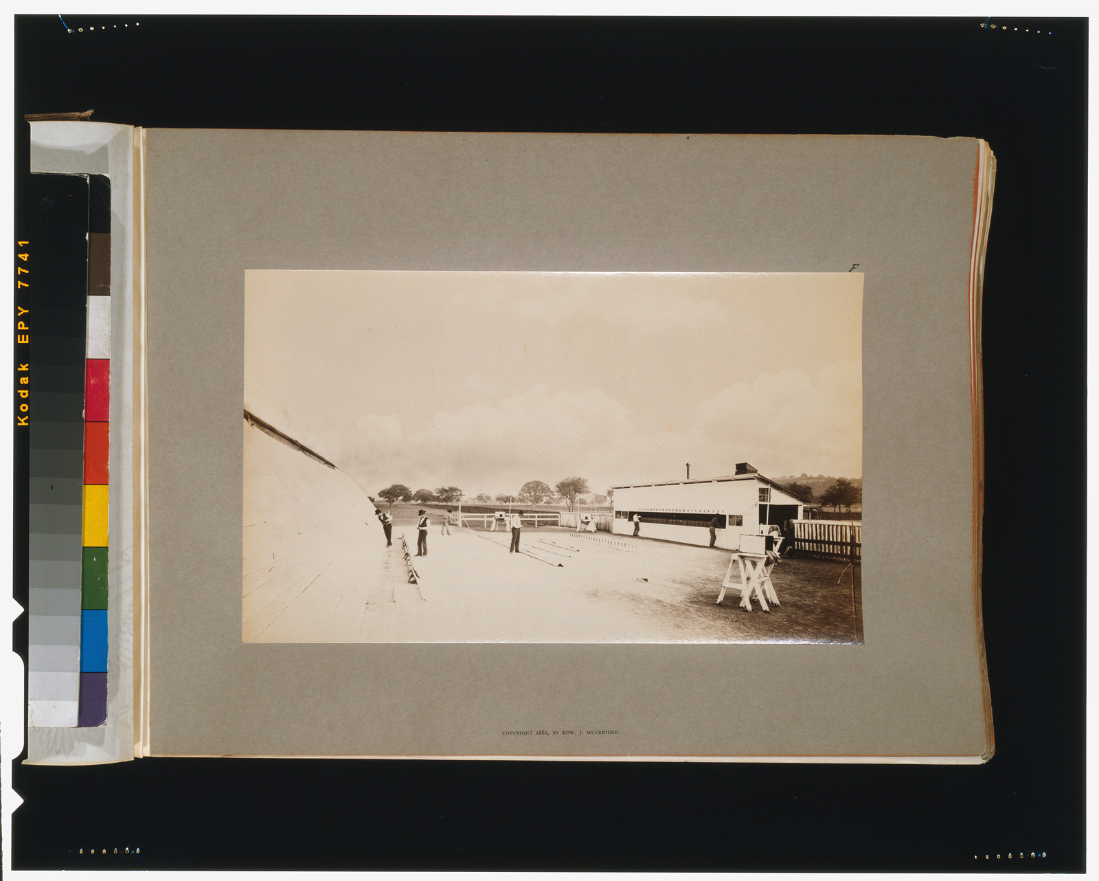 General view of experiment track, background and cameras, [San Francisco] : Muybridge, c1881. — historic photograph