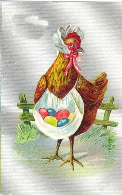 Hen in bonnet and apron holding Easter eggs