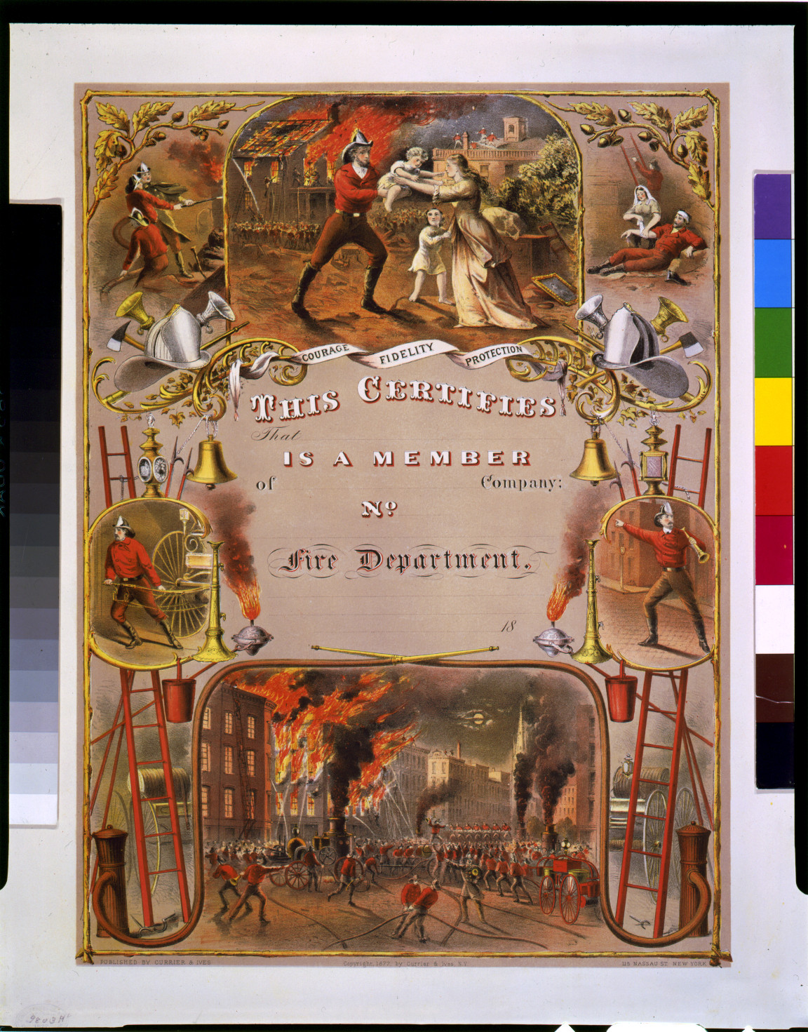 This certifies that ... is a member of ... company; No. ... fire department, New York : Published by Currier & Ives, c1877. — antique lithograph