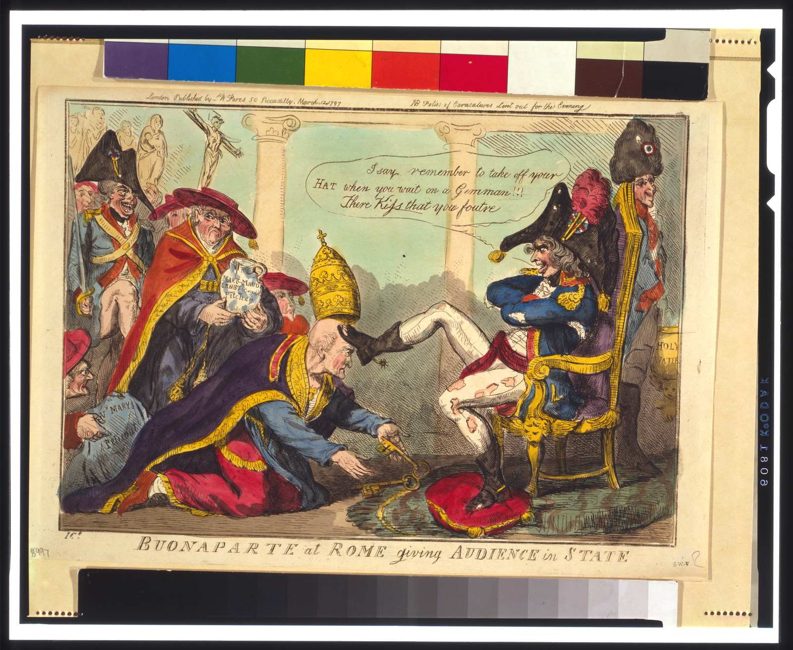 Buonaparte at Rome giving audience in state / I.Ck., London : Published by S.W. Fores, 1797 March 12. — historic print