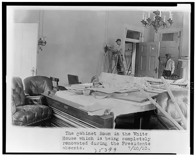 The Cabinet room in the White House which is being completely renovated during the President's absents [sic]