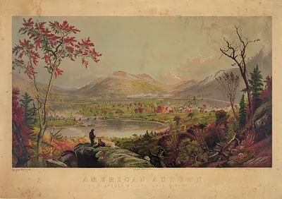 American Autumn, landscape print with railway viaduct