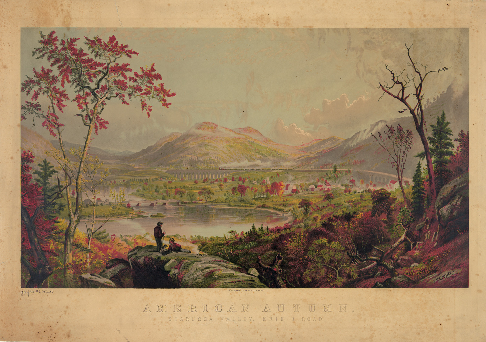 American Autumn, landscape print with railway viaduct — historic print