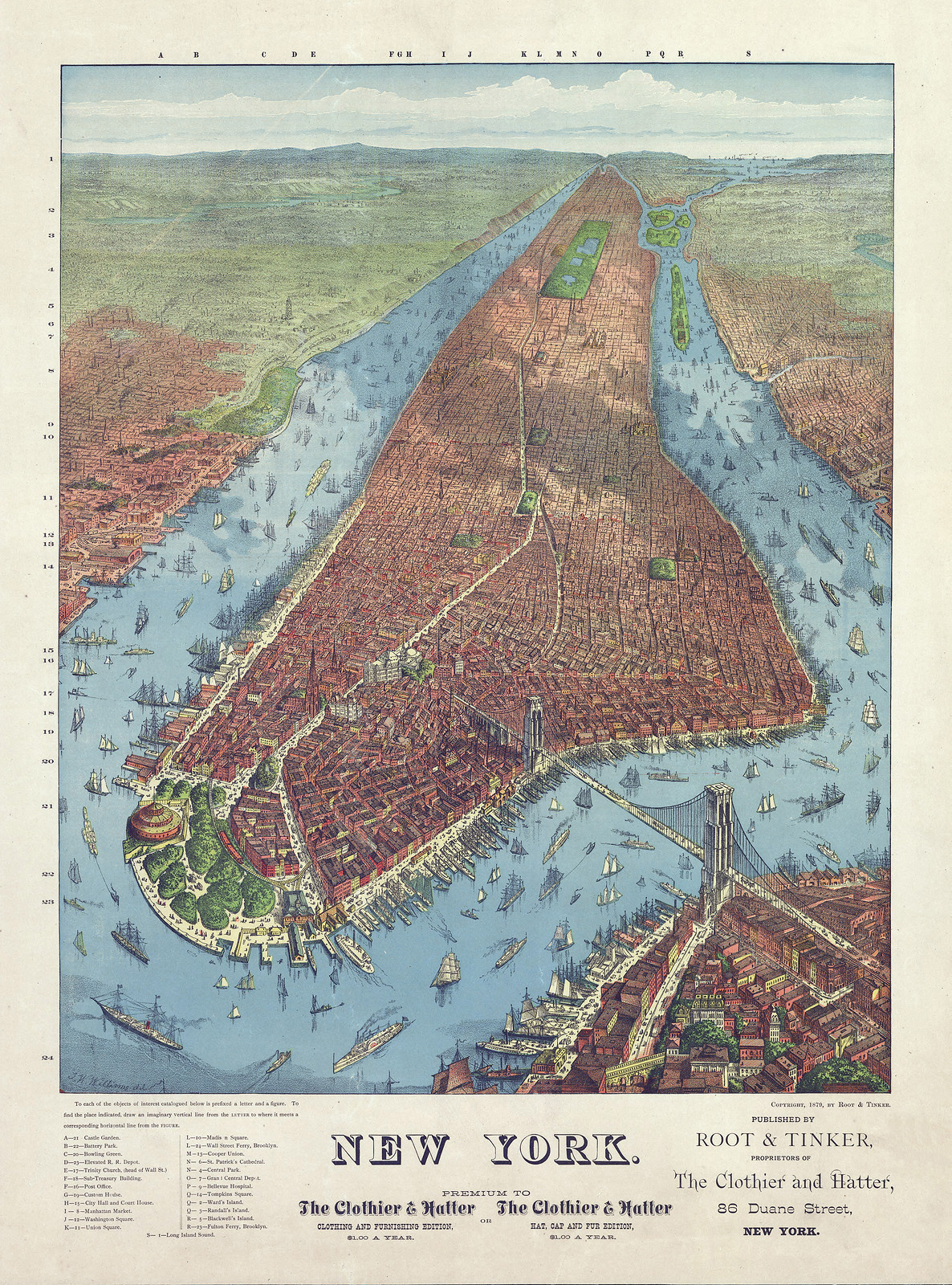 New York bird's-eye view map, 1879 — antique map