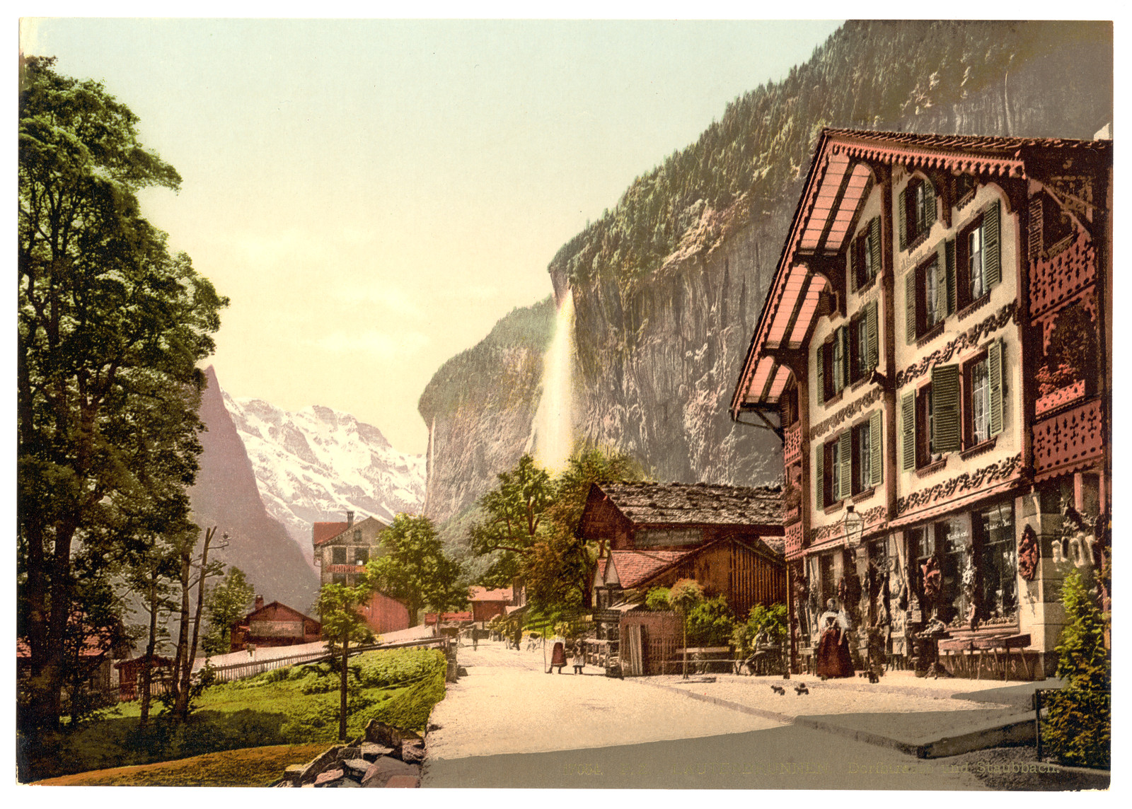 Lauterbrunnen Valley street view with Staubbach Waterfall Bernese Oberland Switzerland, [between ca. 1890 and ca. 1900]. — historic print