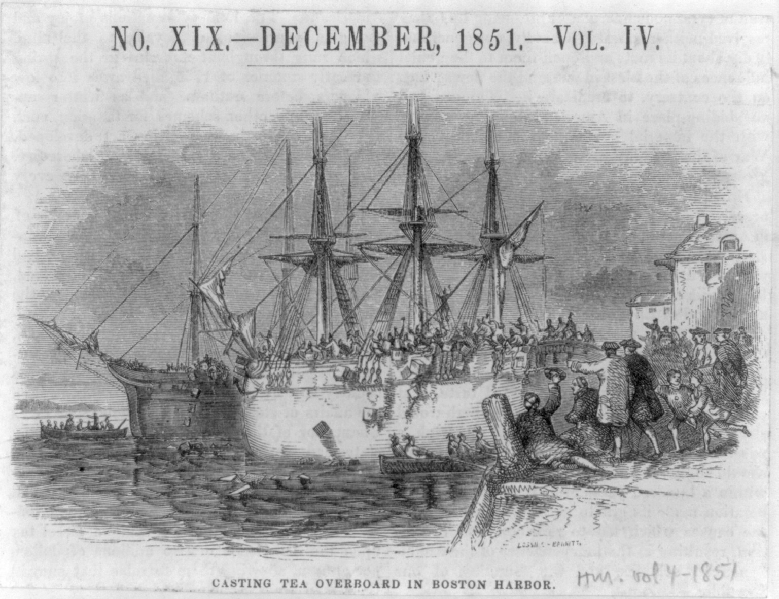 Casting Tea Overboard in Boston Harbor [1773] — antique engraving