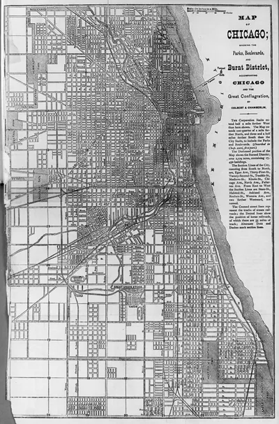 Map of Chicago; showing the parks, boulevards, and burnt district