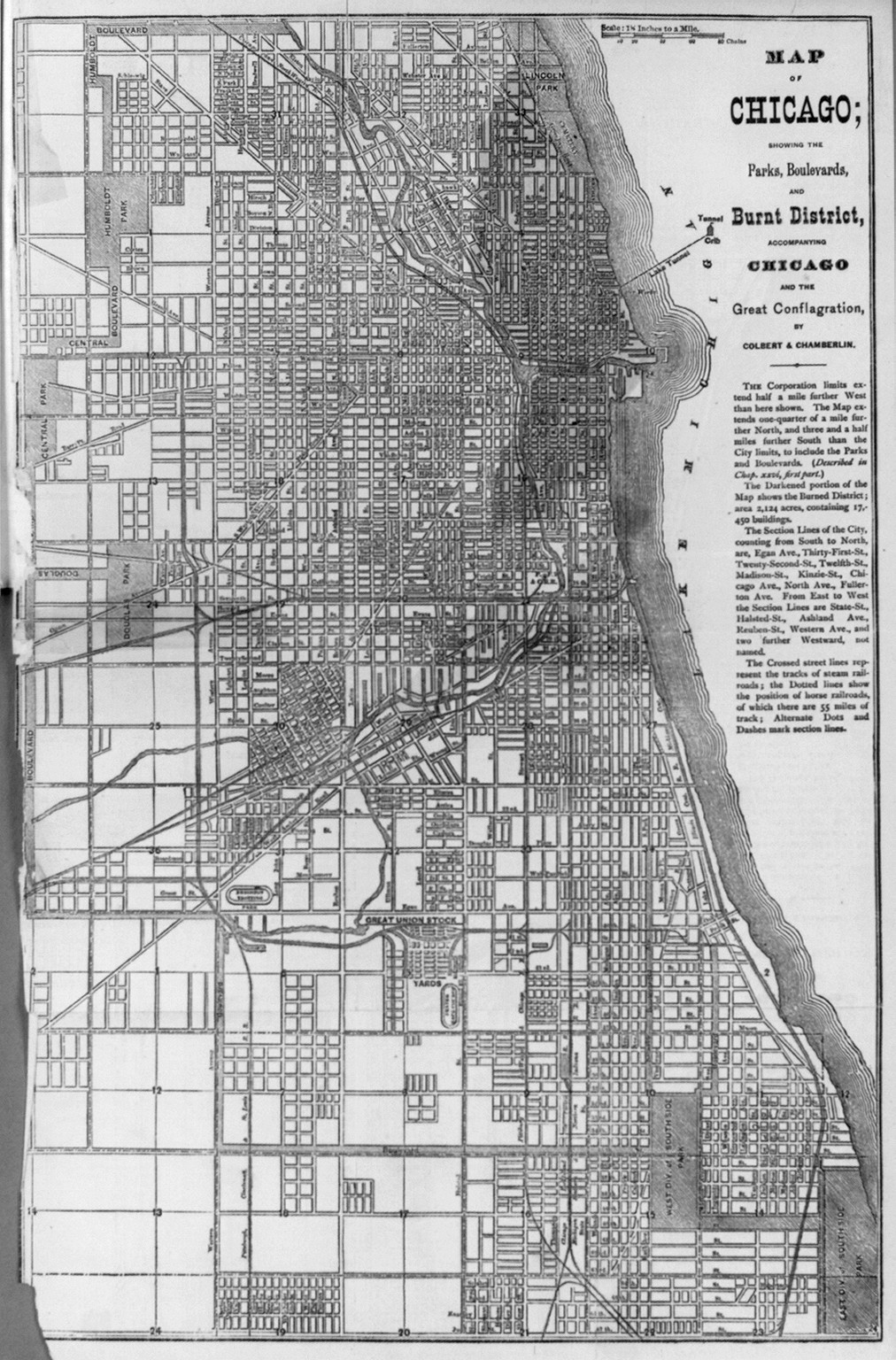 Map of Chicago; showing the parks, boulevards, and burnt district, [no date recorded on caption card] — antique map