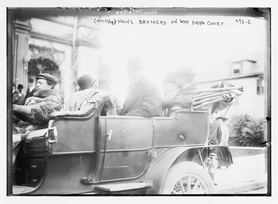 Hains Bros., in carriage, on way from court, New York