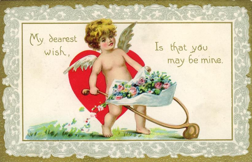 Valentine card with cupid pushing a wheelbarrow of flowers — historic image