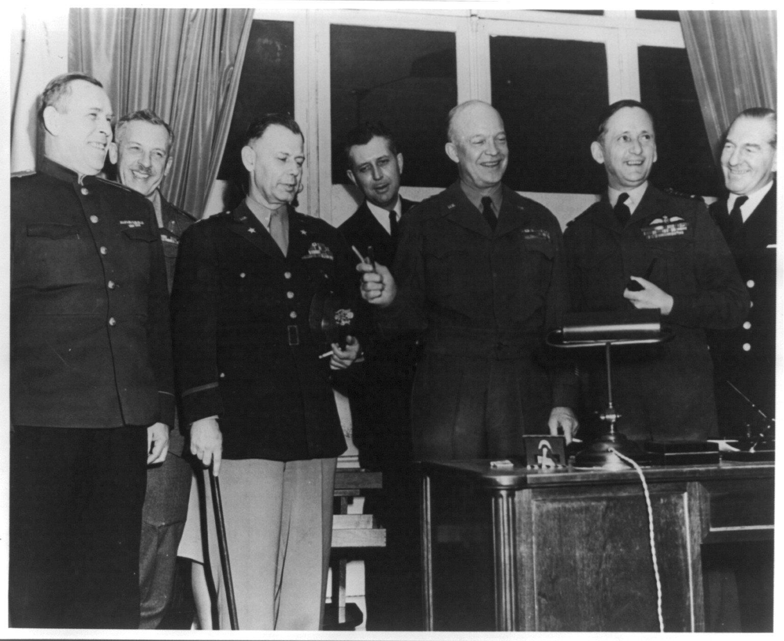 View in SHAEF Forward Hqs., at Reims, France, following signing of German unconditional surrender, 1945 May. — historic photograph