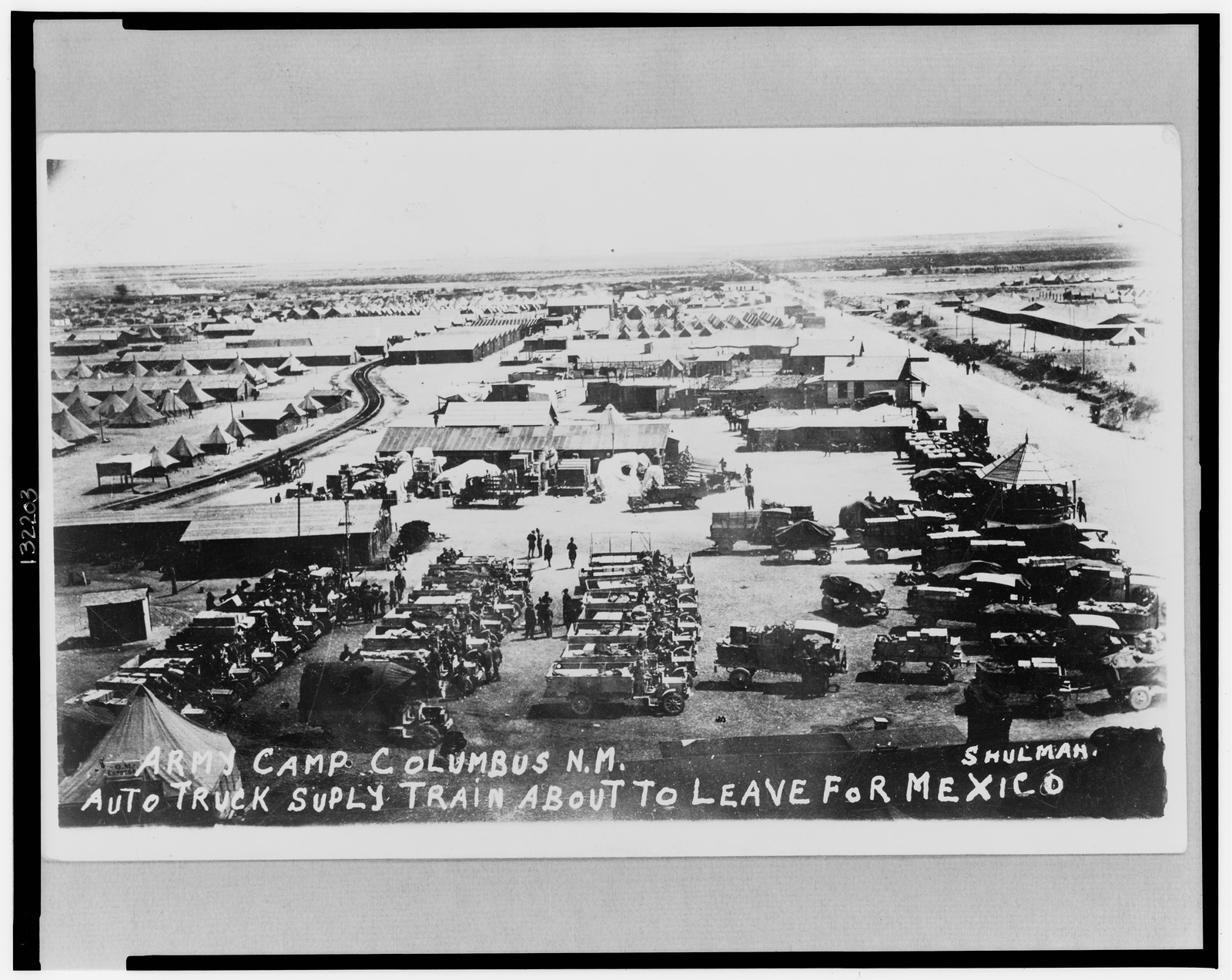 Army camp Columbus, N.M., auto truck supply train about to leave for Mexico / Shulman., [1916?] — historic photograph