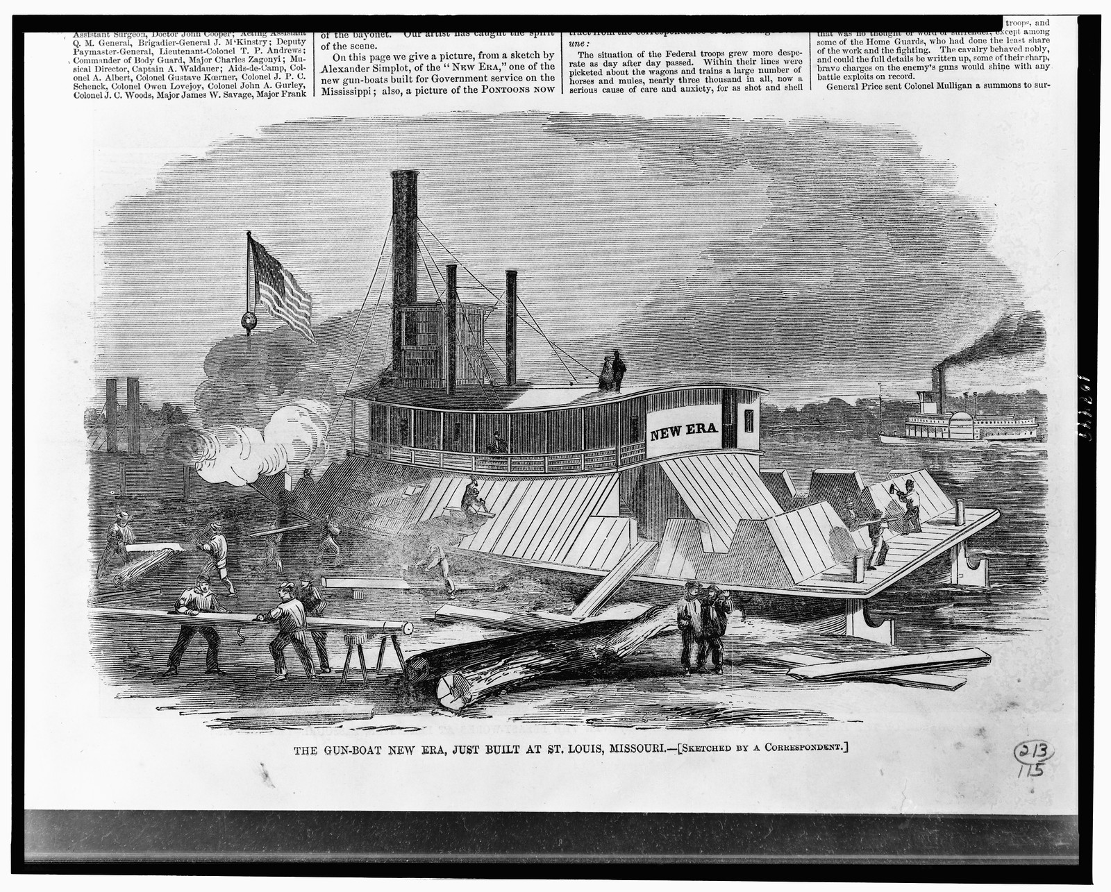 The Gun-boat New Era, just built at St. Louis, Missouri / sketched by a correspondent., 1861 — antique engraving