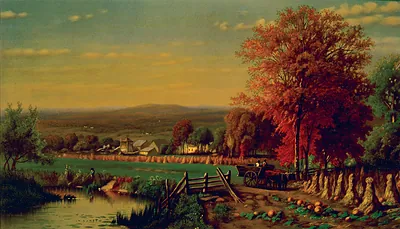 Scene On Farm, Near Farmington, Connecticut, In Autumn, Showing Pond, Fields, and Buildings