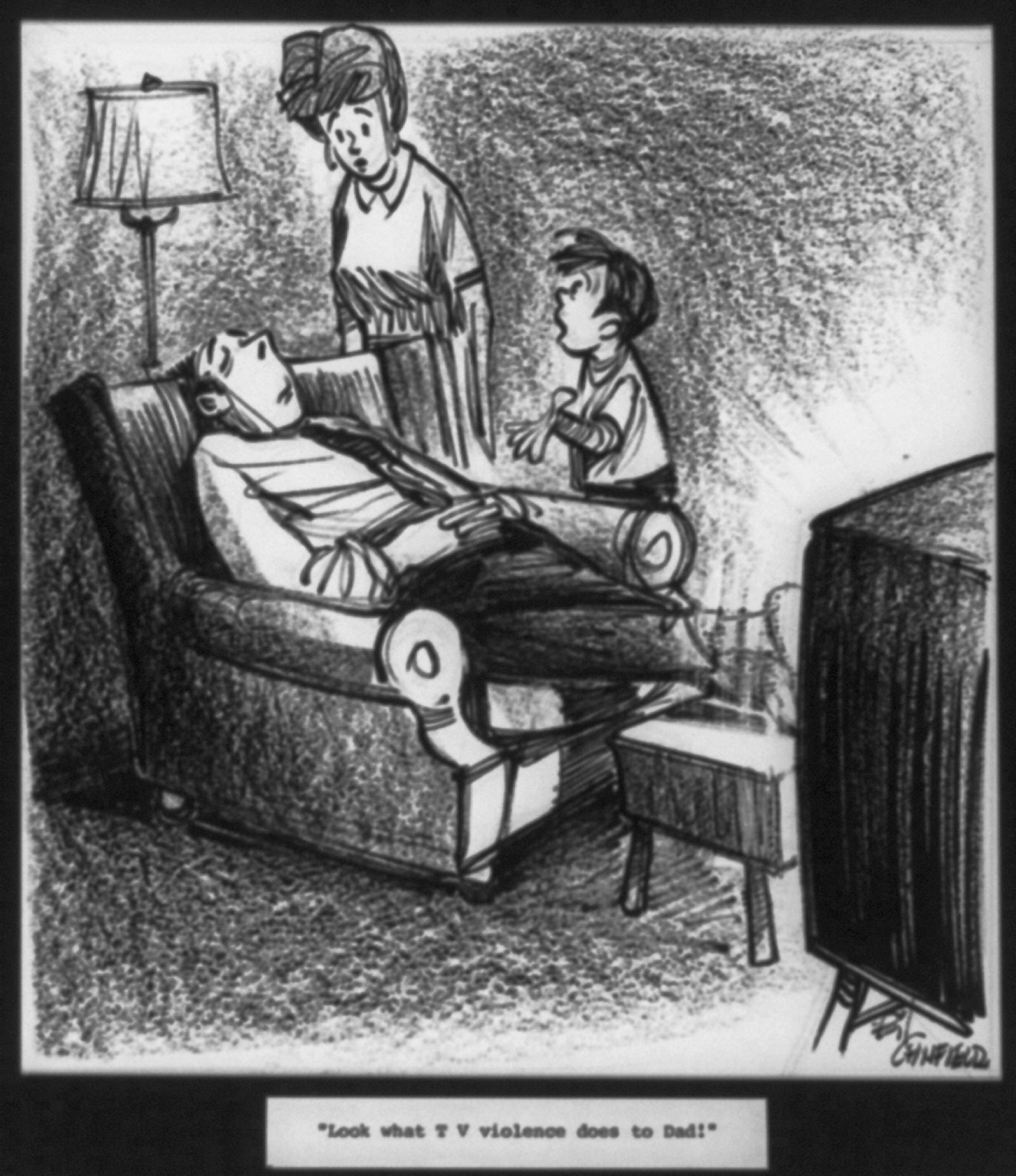 Black & White Photo - Hey Mom, look what violence on TV does to Dad! — historic print