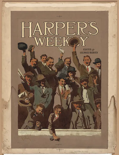 Harper's Weekly cover: cheering men, edited by George Harvey