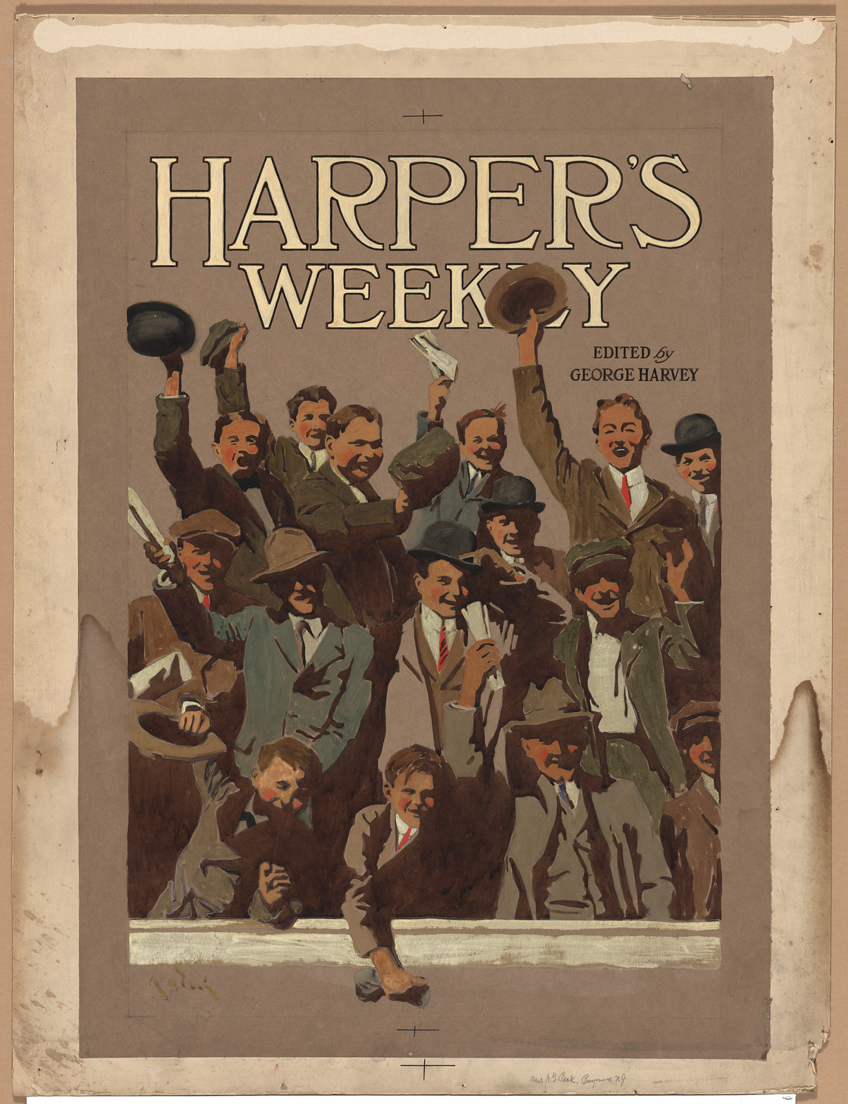 Harper's Weekly cover: cheering men, edited by George Harvey — historic image