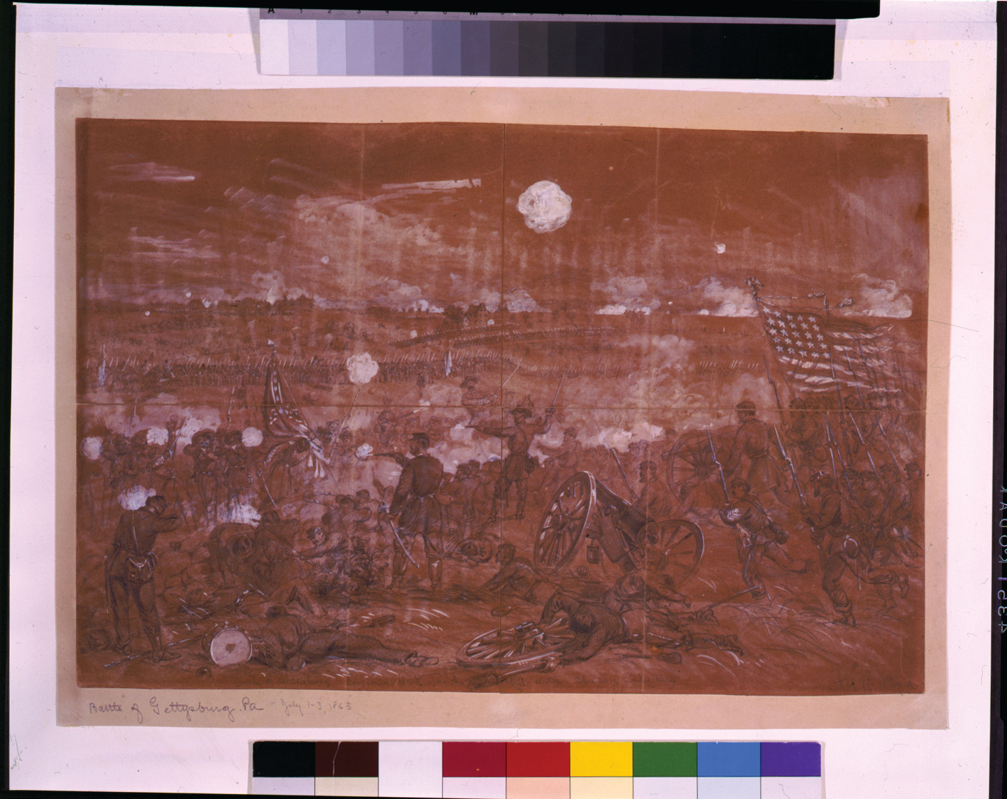 Battle of Gettysburg. Longstreet's attack upon the left center of the Union lines. Blue Ridge in distance, [1863 July 2] — historic drawing