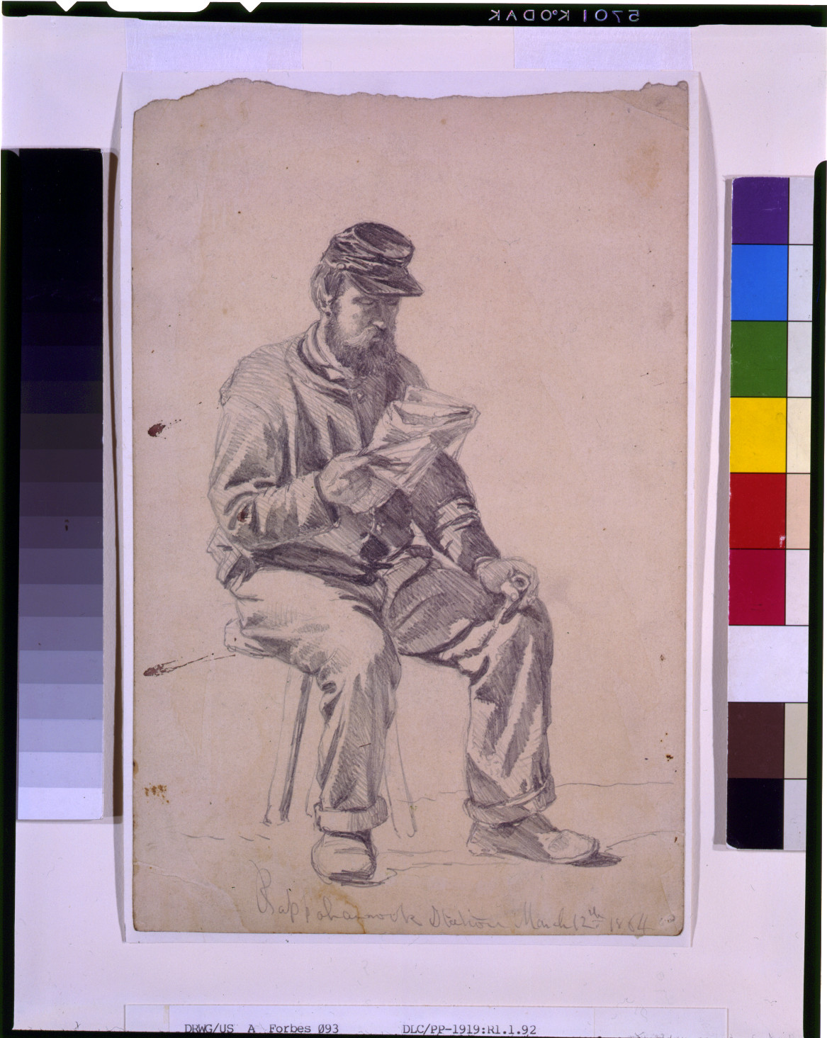 Reading the news--off duty / EF., 1864 March 12. — historic drawing