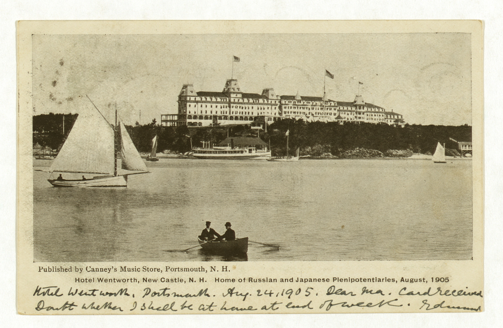 Hotel Wentworth, New Castle, N.H., postcard with sailboats — vintage postcard