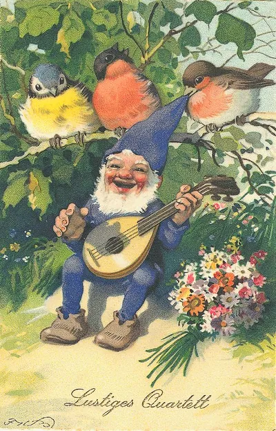 Gnome playing mandolin with birds, Lustiges Quartett