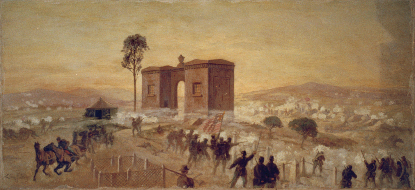 Charge of Ewell's Corps on the cemetary [sic] gate and capture of Ricketts Battery, [between 1865 and 1895] — historic image