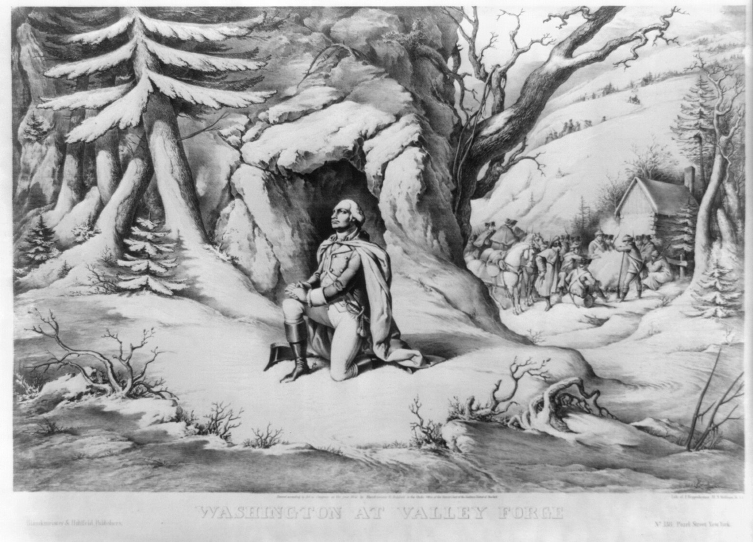 Washington at Valley Forge / Lith of F. Heppenheimer, 22 N. William St., NY., New York : Blanckmeister and Hohlfeld, c1853. — antique lithograph