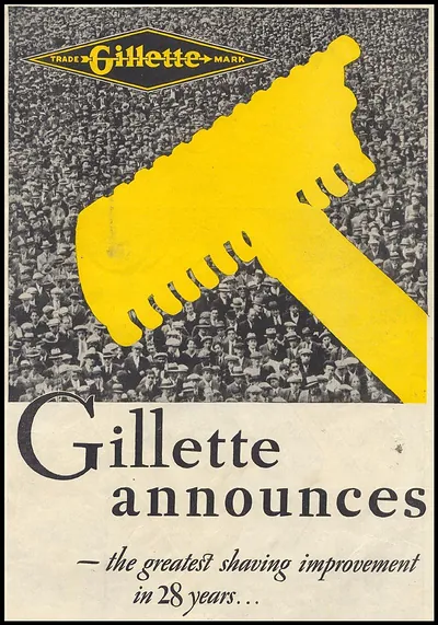 Gillette advertisement announcing greatest shaving improvement in 28 years